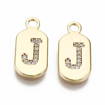 Brass Micro Pave Clear Cubic Zirconia Pendants, Nickel Free, Real 18K Gold Plated, Oval with Word, Letter.J, 16x7.5x1.5mm, Hole: 1.8mm