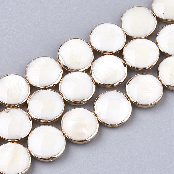 Freshwater Shell Multi-strand Links Strands, 4-Hole, Flat Round, Light Gold Plated Edge, 13x5mm, Hole: 1mm, about 15pcs/strand, 7.4 inch