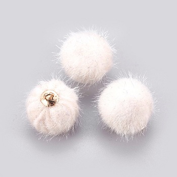Handmade Plush Cloth Fabric Covered, with CCB Plastic Findings, Round, Golden, Antique White, 17x15mm, Hole: 1.5mm