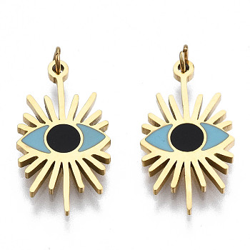 316 Surgical Stainless Steel Enamel Pendants, with Jump Rings, Real 14K Gold Plated, Evil Eye, Sky Blue, 16.5x9x1mm, Jump Ring: 2.7x0.4mm, 1.9mm inner diameter