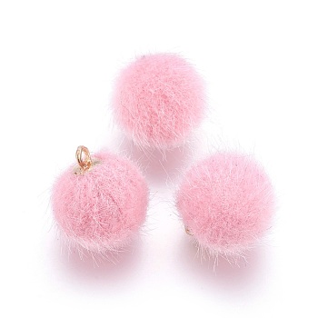Handmade Plush Cloth Fabric Covered, with CCB Plastic Findings, Round, Golden, Pink, 17x15mm, Hole: 1.5mm