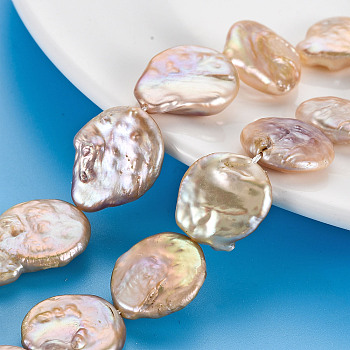 Natural Keshi Pearl Beads Strands, Cultured Freshwater Pearl, Flat Round, PeachPuff, 15~29x14~19x3~8mm, Hole: 0.6mm, about 16~20pcs/strand, 15.35 inch(39cm)