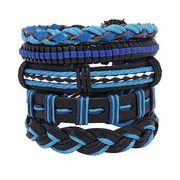 5Pcs 5 Style Adjustable Braided Imitation Leather Cord Bracelet Set with Waxed Cord for Men, Deep Sky Blue, Inner Diameter: 2~3-1/8 inch(5.2~8cm), 1Pc/style