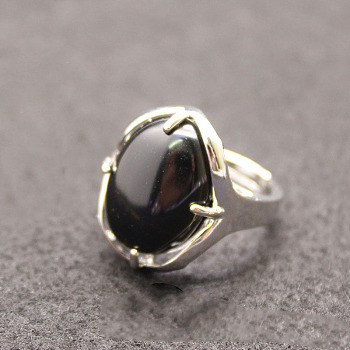 Oval Natural Black Onyx Adjustable Ring, Platinum Alloy Jewelry for Women, Inner Diameter: 18mm