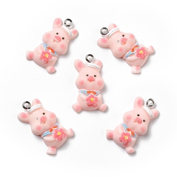 Opaque Resin Pendants, with Platinum Tone Iron Loops, Navy Pig, Pink, 27x16x5mm, Hole: 2mm