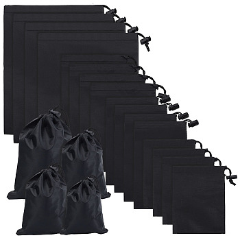 16Pcs 4 Styles Polyester Bags, with Drawstring Ropes, Rectangle, Black, 16~30x12~24x0.02~0.04cm, 4pcs/style