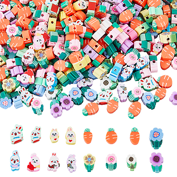 300Pcs 3 Style Cartoon Handmade Polymer Clay Beads Sets, for Easter, Flower/Rabbit/Carrot, Mixed Color, 10.5~11x7.5~8x5~5.5mm, Hole: 2mm, 100pcs/style