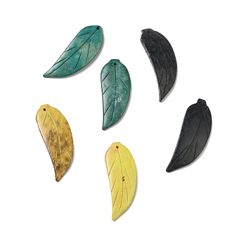 Carved Natural Coconut Big Pendants, Dyed, Leaf, Mixed Color, 50x18x5mm, Hole: 1.8mm