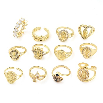 Rack Plating Brass Micro Pave Cubic Zirconia Finger Ring, Long-Lasting Plated, Cadmium Free & Lead Free, Mixed Shapes, Real 18K Gold Plated, 6~18.5mm, US Size 6(16.5~18.5mm), 12pcs/box