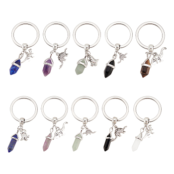 Bullet Gemstone Pendant Keychain with Dinosaur Tibetan Style Alloy, with 304 Stainless Steel Findings, 6.8cm, 10pcs/set