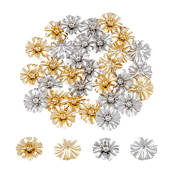 32Pcs 2 Colors Brass Bead Caps, Multi-Petal Flower, Platinum & Golden, 14x5mm, Hole: 0.9mm, 16pcs/color