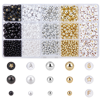 2905Pcs 15 Style ABS Plastic Imitation Pearl Beads, Round, ABS Plastic Beads, Plating Acrylic Beads, Mixed Color, 4~8x4~8mm, Hole: 1.2~2mm, 2905pcs/box