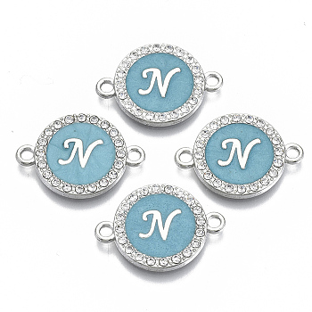 Alloy Enamel Links Connectors, with Crystal Rhinestones, Flat Round with Letter, Silver Color Plated, Letter.N, 22x16x2mm, Hole: 1.8mm