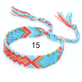 Cotton Braided Rhombus Pattern Cord Bracelet, Ethnic Tribal Adjustable Brazilian Bracelet for Women, Deep Sky Blue, 5-7/8~14-1/8 inch(15~36cm)