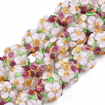 Handmade Lampwork Beads Strands, Bumpy, Round with Flower, Lavender Blush, 12~13x11~12mm, Hole: 1mm, about 45pcs/strand, 19.29 inch(49cm)(LAMP-N021-015A-09)