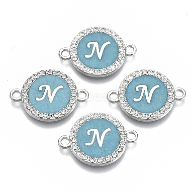 Silver Light Sky Blue Flat Round Alloy Rhinestone+Enamel Links