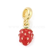 Brass Enamel Fruit European Dangle Charms, Large Hole Pendants, Real 18K Gold Plated, Strawberry, 26.5mm, Hole: 5mm(KK-Z090-08G-03)