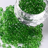 Glass Seed Beads, Transparent, Round, Round Hole, Green, 6/0, 4mm, Hole: 1.5mm, about 500pcs/50g, 50g/bag, 18bags/2pounds(SEED-US0003-4mm-7)