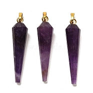 Natural Amethyst Pointed Pendants, Faceted Cone Charms with Golden Plated Barss Snap on Bails, 35~35.5x8~8.5mm, Hole: 6.5x4mm(G-D089-01G-05)