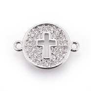 Brass Micro Pave Cubic Zirconia Links, Flat Round with Cross, Clear, Platinum, 12~12.5x17x2mm, Hole: 1mm(ZIRC-F093-19P)