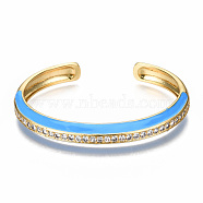 Brass Micro Pave Clear Cubic Zirconia Cuff Bangles, with Enamel, Nickel Free, Real 16K Gold Plated, Deep Sky Blue, Inner Diameter: 2-3/8 x1-7/8 inch(5.9x4.7cm)(BJEW-N302-004B-NF)