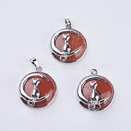 Natural Red Jasper Kitten Pendants, with Brass Findings, Flat Round with Cat & Crescent Moon Shape, Platinum, 32x27.5x10mm, Hole: 5x7mm(G-K234-D04)