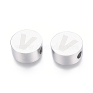 304 Stainless Steel Beads, Flat Round with Letter, Letter.V, 10x4.5mm, Hole: 2mm(STAS-I126-02P-V)