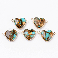 Synthetic Gold Line Turquoise Links Connectors, with Light Gold Plated Brass Edge, Dyed, Heart, Turquoise, 20~21x29~30x7~8mm, Hole: 2~3mm(G-N330-013)