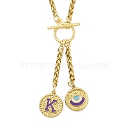 Ion Plating(IP) 304 Stainless Steel Purple Enamel Letter & Eye Pendant Wheat Chain Necklaces, with Toggle Clasps, Golden, Letter K, 20.47~20.87 inch(52~53cm)(STAS-Z102-01G-K)