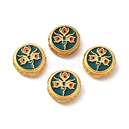 Alloy Beads, with Enamel, Golden, Flat Round with God of Wealth & Eye, Prussian Blue, 13~13.5x4.5mm, Hole: 2mm(ENAM-L038-H05)