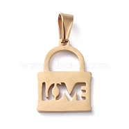 304 Stainless Steel Pendants, Padlock with Word LOVE, Golden, 17x12x1.5mm, Hole: 6x3mm(STAS-I127-050G)