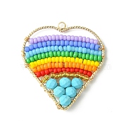 Dyed Natural Magnesite & Glass Seed Beaded Pendants, Heart Charm, Colorful, 33x30.5x3.5mm, Hole: 1.8mm(PALLOY-MZ00195)