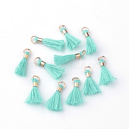 Polycotton(Polyester Cotton) Tassel Pendant Decorations, with Unwelded Iron Jump Rings, Golden, Turquoise, 10~16x2mm, Hole: 1.5mm(OCOR-S102-29)