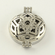 Rack Plating Hollow Brass Diffuser Locket Pendants, Flat Round with Flower, Platinum, 44x33x11mm, Hole: 3.5~4mm, inner measure: 30mm(KK-S662-P)