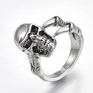 Alloy Cuff Finger Rings, Wide Band Rings, Skull, Antique Silver, Size 9, 19mm(RJEW-T006-59)