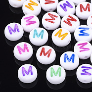 Initial Acrylic Beads, Horizontal Hole, Flat Round, Mixed Color, Letter.M, 7x3.5~4mm, Hole: 1.2mm, about 3700pcs/500g(OACR-E001-20M)