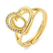 Heart with Letter Rack Plating Brass Micro Pave Cubic Zirconia Adjustable Rings for Women, Lead Free & Cadmium Free, Real 18K Gold Plated, Letter O, Inner Diameter: 16mm(RJEW-I105-06G-O)