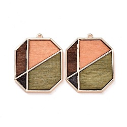 Dyed Wood Pendants, with Light Gold Plated Alloy Findings, Octagon with Geometric Pattern, Colorful, 38.5x30x3mm, Hole: 1.8mm(FIND-A006-07KCG)