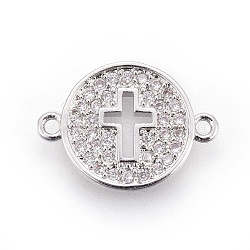 Brass Micro Pave Cubic Zirconia Links, Flat Round with Cross, Clear, Platinum, 12~12.5x17x2mm, Hole: 1mm(ZIRC-F093-19P)