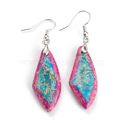 Natural Regalite/Imperial Jasper/Sea Sediment Jasper Dangle Earrings, with Brass Earring Hooks, Dyed, Leaf, Platinum, Medium Violet Red, 55.6mm, Pin: 0.6mm(G-H250-03C-P)