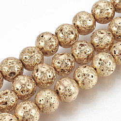 Electroplated Natural Lava Rock Beads Strands, Round, Bumpy, Light Gold Plated, 4~5mm, Hole: 1mm, about 89pcs/strand, 15.7 inch(X-G-T061-55B-4mm)