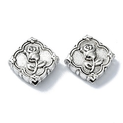 Tibetan Style Alloy Beads, Rhombus with Rose Flower, Antique Silver, 14x14.5x5mm, Hole: 1.6mm, about 217pcs/500g(TIBEB-F065-04AS)