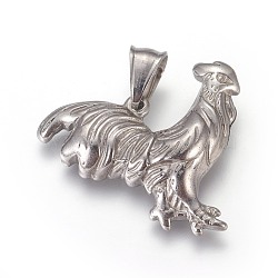 304 Stainless Steel Pendants, Rooster, Stainless Steel Color, 28.5x31.5x5.5mm, Hole: 5x7.5mm(STAS-E449-03P)
