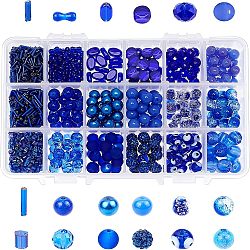 PandaHall Elite 18 Style Blue Glass Beads, for Summer Bracelets, Necklaces Jewelry Making, Evil Eye & Round & Rondell & Oval & Bone & Tube Shape, Blue(GLAA-PH0007-08)