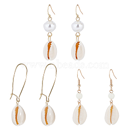 3 Pairs 3 Style Narural Shell Dangle Earrings, Light Gold Alloy Jewelry for Women, Seashell Color, 40~53mm, Pin: 0.6~0.7mm, 1 Pair/style(EJEW-AN0001-70)