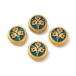 Alloy Beads, with Enamel, Golden, Flat Round with God of Wealth & Eye, Prussian Blue, 13~13.5x4.5mm, Hole: 2mm(ENAM-L038-H05)
