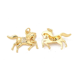 Brass Micro Pave Cubic Zirconia Pendants, with Jump Ring, Horse Charm, Golden, Clear, 17.5x26.5x4.5mm, Hole: 3mm(KK-H441-12G)