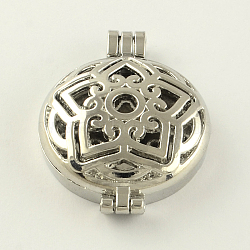 Rack Plating Hollow Brass Diffuser Locket Pendants, Flat Round with Flower, Platinum, 44x33x11mm, Hole: 3.5~4mm, inner measure: 30mm(KK-S662-P)