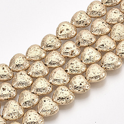 Electroplated Natural Lava Rock Beads Strands, Bumpy, Heart, Light Gold Plated, 11x10~10.5x4.5~5mm, Hole: 1mm, about 40pcs/strand, 15.7 inch(X-G-T126-10KC)