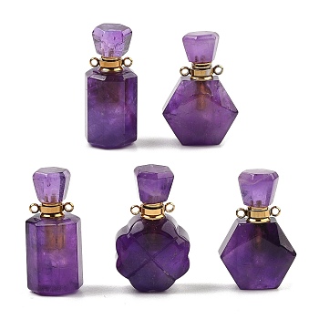 Natural Amethyst Perfume Bottle Pendants, with Golden Tone Stainless Steel Findings, Mixed Shapes, 32~37x15~22x12~16mm, Hole: 1.8mm, Capacity: 5ml(0.17fl. oz)